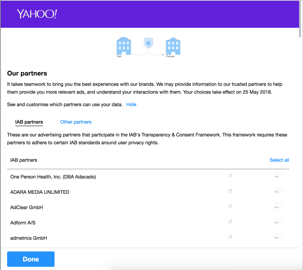nicoarx's tweet photo. Still not getting this ... intentionally bad by design? 
"(...) customize which other partners can use your data". What does the switch actually do? Opt-out or allow-to-use? Where is the label? Where is the description?! @oath @Yahoo #badUX https://t.co/iwELoUSoDG