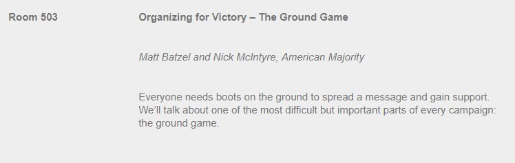 AM_National's tweet photo. Are you at #WCS18? Join @MattBatzel and @Nick_McIntyre at 4:15 pm to learn get out the vote and the all important campaign ground game. https://t.co/ZGOvWWqvft #AMtrain https://t.co/XsXmou94dM