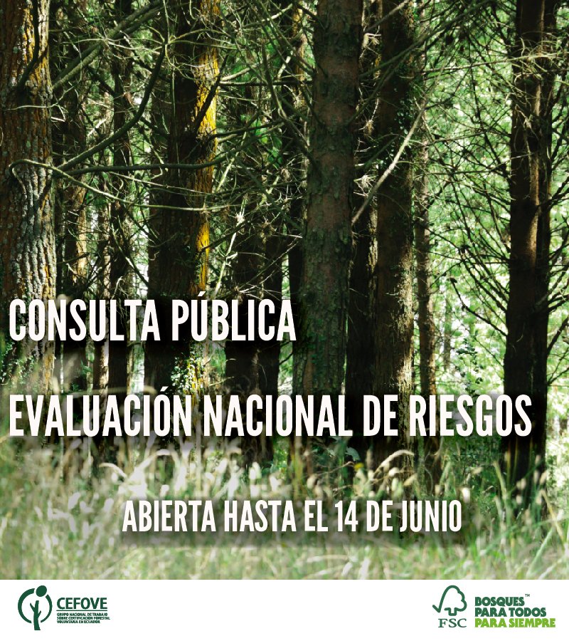 FSCEcuador's tweet photo. Recuerda que el Documento de la Evaluación Nacional de Riesgos estará abierto hasta el 14 de junio para sus comentarios y aportes.
Revisa el documento completo aquí:
https://t.co/5rfe9pgnlV
#FscEcuador #EligeFSC #BosquesParaTodosParaSiempre https://t.co/xEUtBtSZVz