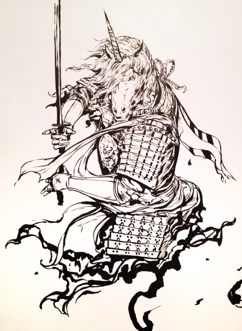 That time when I drew The Last Unicorn Samurai staring Ken Watanabe as The Last Unicorn Samurai and soundtrack by America #art #illustration #drawing #ink #junicorn 