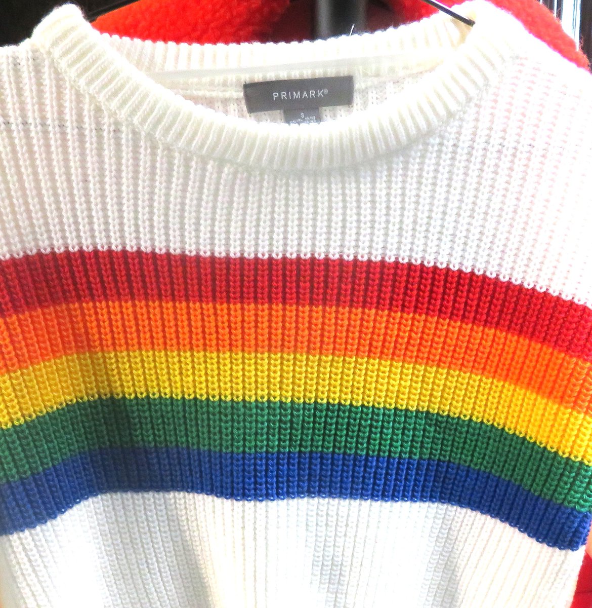 stephenmahoneym's tweet photo. My picture; Primark womens rainbow stripes on white knitted sweater at AW18 preview London #primarkaw18 #womens #rainbow #stripes #white #cruiseneck #longsleeve #cropt #womenssweater #girlssweater #womensknitwear #girlsknitwear #rainbowstripes #highstreetsweater #FASHION @primark https://t.co/fImvPS89aH