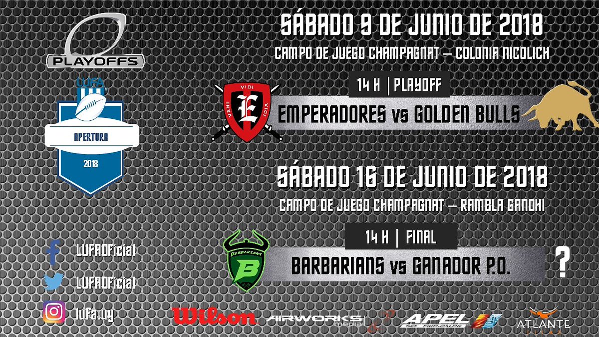 LUFAOficial's tweet photo. 📆Sábado 9/6 ⏱️ 14:00 H se juega el #plaoff del torneo #Apertura2018🏆🏈con el partido: #GoldenBulls 🆚 #Emperadores, por un lugar en la Final ante el ya clasificado #Barbarians 📍 Nicolich https://t.co/OczXKrDtOM