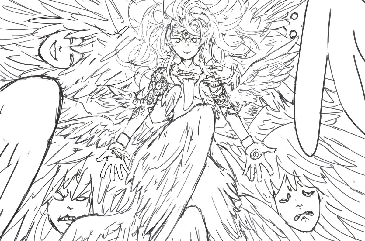 "One desciption depicts Azrael as angel with 4 faces, four thousand wings and body covered with eyes and tongues, one for each living human on earth" Taking more time with coloring lately. Sorry it takes longer now, I try to make them higher quality.. wait, that's a good thing. 