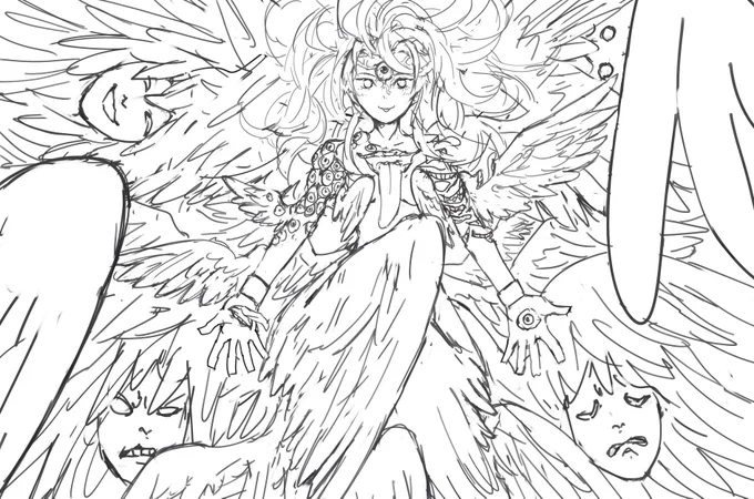 "One desciption depicts Azrael as angel with 4 faces, four thousand wings and body covered with eyes and tongues, one for each living human on earth" Taking more time with coloring lately. Sorry it takes longer now, I try to make them higher quality.. wait, that's a good thing. 