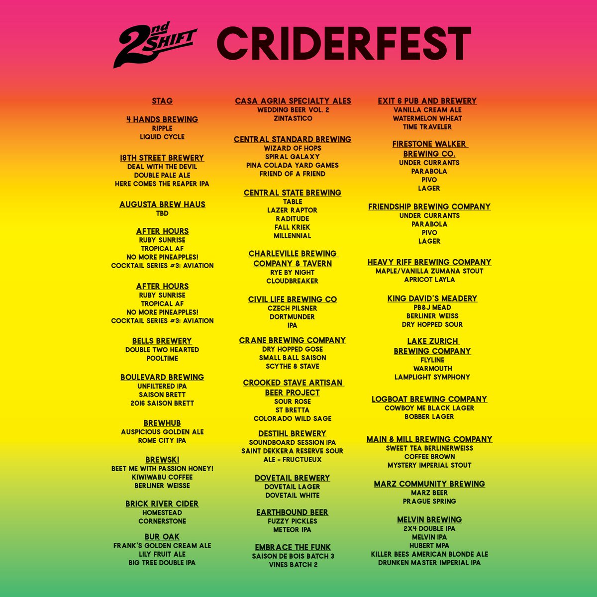 2ndshiftbrewing's tweet photo. Tomorrow’s #criderfest2018 beer list! #criderfest https://t.co/YsCVfCjC4H