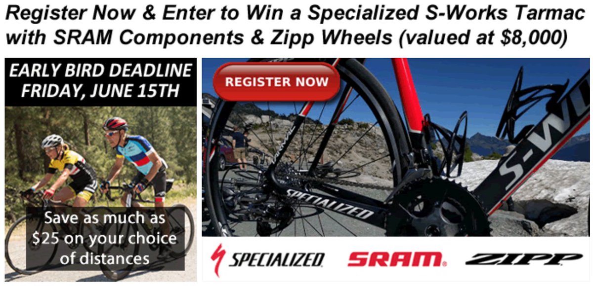 Lots of reasons to register before next Friday....save money...&amp; maybe even win a <a href="/iamspecialized/">Specialized Bicycles</a> S-Works Tarmac w/ <a href="/ZippSpeed/">Zipp Speed</a> wheels &amp; <a href="/SRAMroad/">SRAM Road</a> components! PLUS...the 2018 @axelsgranfondo is only ONE month away. Register now! granfondoaxelmerckx.com <a href="/specialized_ca/">Specialized Canada</a>
