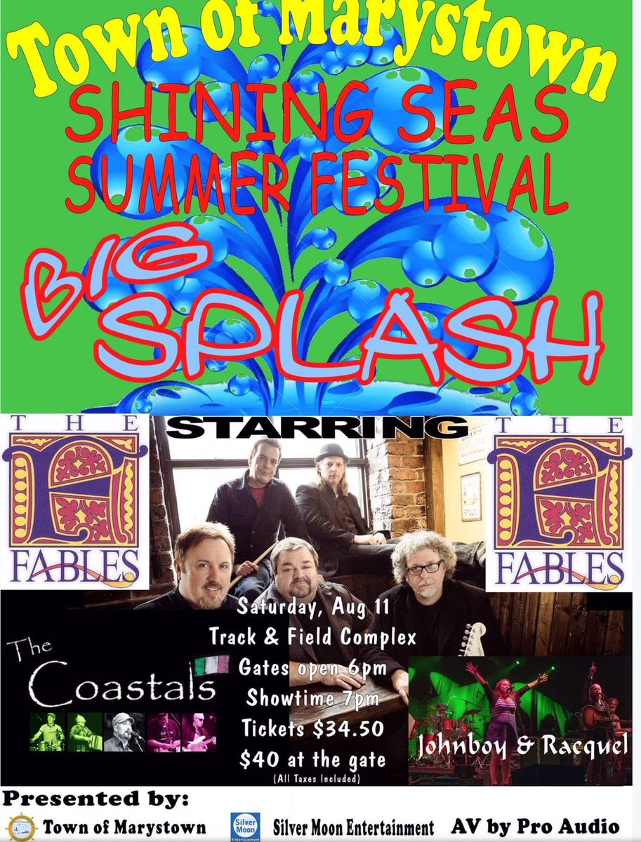 KKellyNF's tweet photo. Tickets for the @TownofMarystown Shining Seas Summer Festival Splash concert August 11th featuring The Fables, @TheCoastalsBand, along with John Boy &amp; Racquel, are now on sale at Kenway's North Atlantic, Marystown. @LegendaryCoasts #tearthehousedown https://t.co/To9kDly3vV