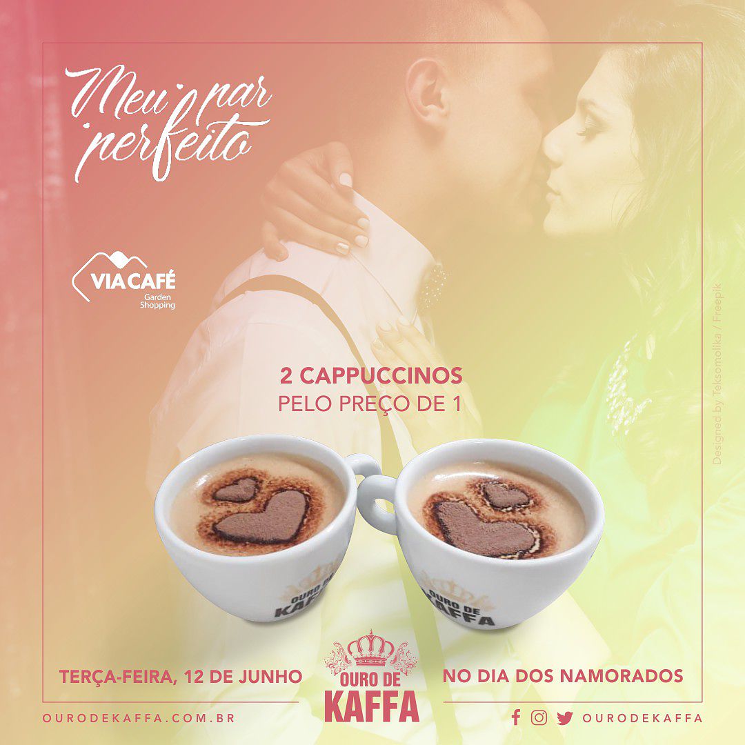 No #DiadosNamorados a #Cafeteria #OurodeKaffa estará com uma super promoção: 2 cappuccinos pelo preço de 1.
 É uma excelente oportunidade para namorados e amigos(as) tomarem juntos um café delicioso e bem quentinho ☕☕❤️❤️
 #VemproGarden #ViaCaféGardenShopping