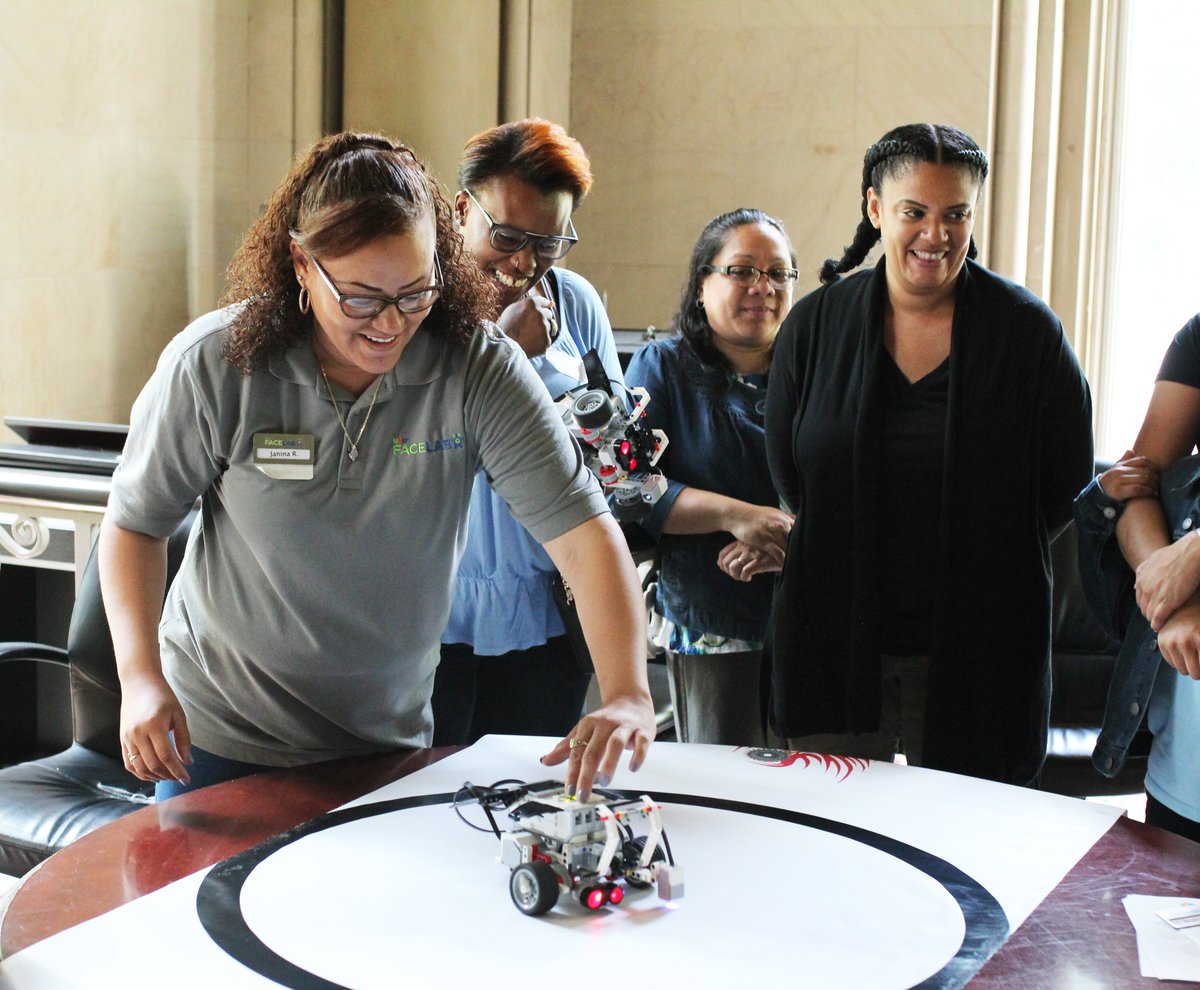 YTorresDOE's tweet photo. "Robotics and technology aren't just for men in Silicon Valley.  We can all do this. We are breaking down barriers.” @NYCSchools teachers, parents &amp; parent coordinators share it’s been a game changer to join forces &amp; lead robotics with students @ #FaceLab year-end celebration. https://t.co/3DdBeYj7y1