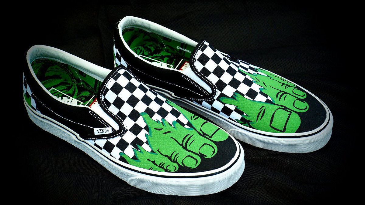 ThreeInThe6's tweet photo. Arrived a little early at my local @VANS_66 store this morning, and BAM! It was a #Marvelous x #Vanstastic day. Picked up the #Hulk Checkerboard Classic Slip-On and the #Deadpool Sk8-Hi; although they already look great, I think they're going to improve with wear. @Marvel https://t.co/RsZJbvtszp