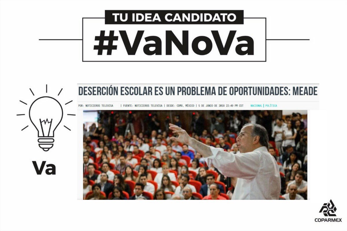 #VaNoVa ¡Va <a href="/JoseAMeadeK/">José Antonio Meade🇲🇽</a>! Va impulsar una educación que abra oportunidades. Queremos garantizar la formación de calidad desde la primera infancia e impulsar la excelencia de la educación media superior y superior vinculándola con los sectores económicos cpmx.me/2xNbPDT