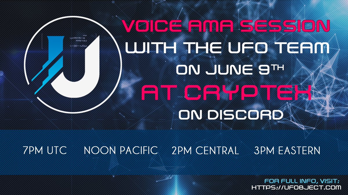 UFOCoins's tweet image. Join the UFO Team for a voice AMA session at Cryptex on June 9th on Discord.
#ufobject thecryptex.org discord.gg/5eGxk65
