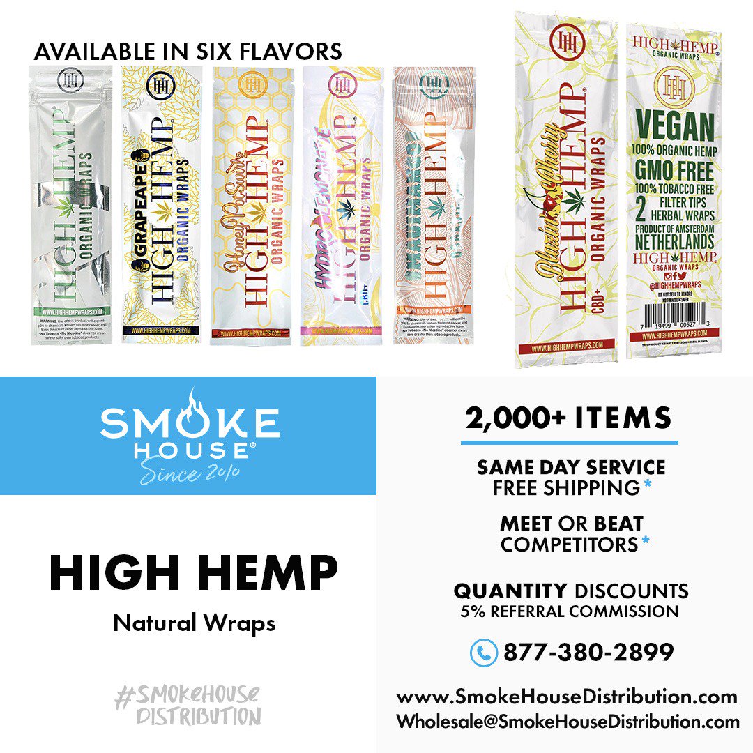 SmokeHouseDist's tweet image. We're bringing you High Hemp's 100% organic, vegan, GMO-free hemp wraps in six different flavors! Get these hard-to-find wraps today. #smokehousedistribution #hempwraps #wraps #organic #nonGMO #GMOfree #vegan #smokeshop #headshop #beamer
