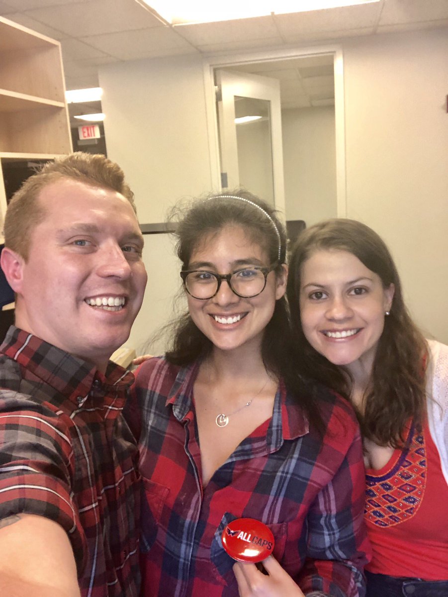 AlePaz0720's tweet photo. Rocking the red with @NatalieDGiron22 and Travis! 🙌🏼#ALLCAPS #Friday #KINDDC #GoCaps #Champs https://t.co/azxQHj8d4k