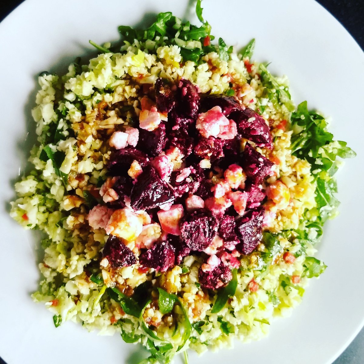 Very pleased with this cauliflower couscous topped with with beetroot, feta and a harissa and honey dressing.  Will be shrunk into bowl food for next week's big event for Elstree.  Today though it was full size for my lovely lunch!