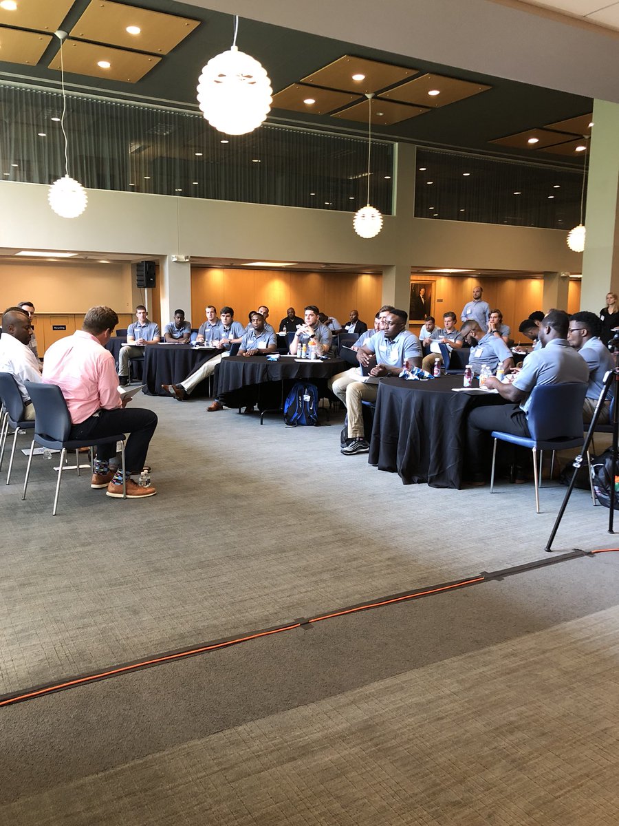 DavidCutcliffe's tweet photo. Former Duke football players sharing career paths with current players! Great Teamwork! #DukeFBFuture https://t.co/z8uBpcN7QI