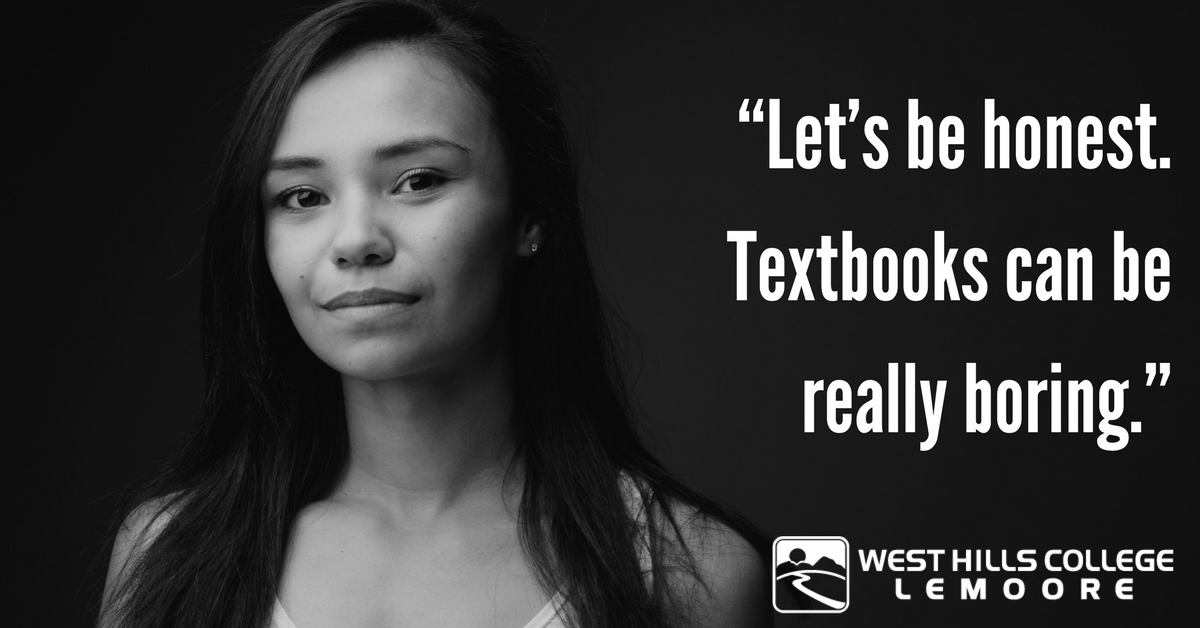 LemooreCollege's tweet photo. Meet Jessica. Textbooks can be boring and that made being a successful student hard for her. But videos? Those are more exciting and part of WHCL's Open Educational Resources. Are you ready to join the #OERevolution? https://t.co/8fQWZbm1Y6 https://t.co/l6RHexkmbg