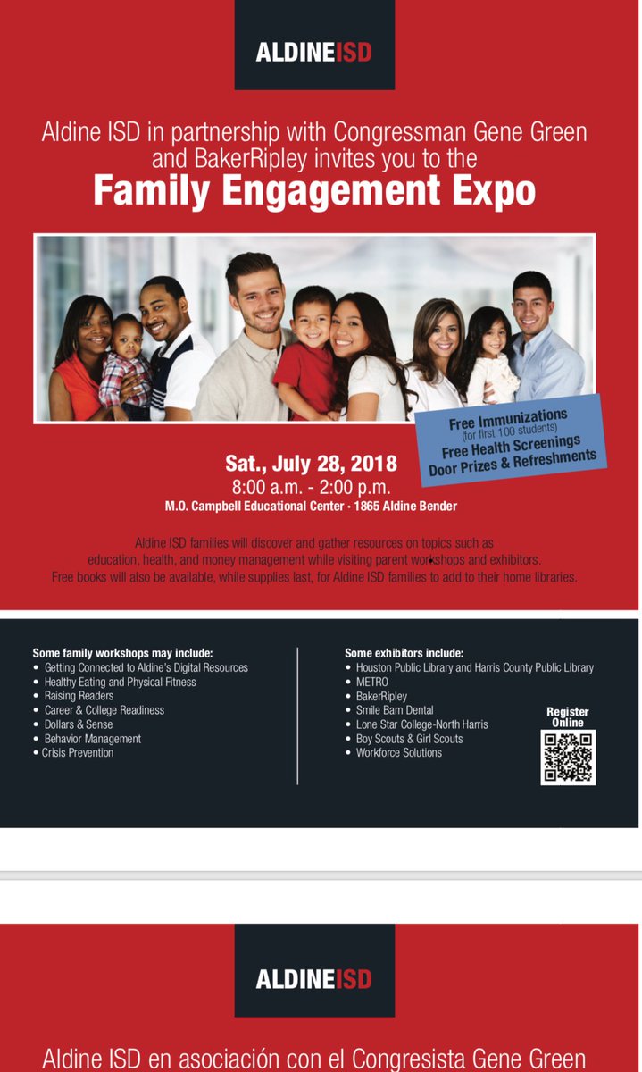 Aldine ISD Family and Community Engagement (@aldine_face) on Twitter photo Weโre looking forward to you joining us at the Aldine Family Engagement Expo on July 28! <a href="/AldineISD/">Aldine ISD</a> @awillery @SVicGlass <a href="/aldinelibraries/">Aldine ISD Libraries</a> <a href="/STARS_902/">Tracy Mansfield</a> <a href="/AldineAEClmc/">J. B. Johnson</a> Weโre looking forward to you joining us at the Aldine Family Engagement Expo on July 28! <a href="/AldineISD/">Aldine ISD</a> @awillery @SVicGlass <a href="/aldinelibraries/">Aldine ISD Libraries</a> <a href="/STARS_902/">Tracy Mansfield</a> <a href="/AldineAEClmc/">J. B. Johnson</a>