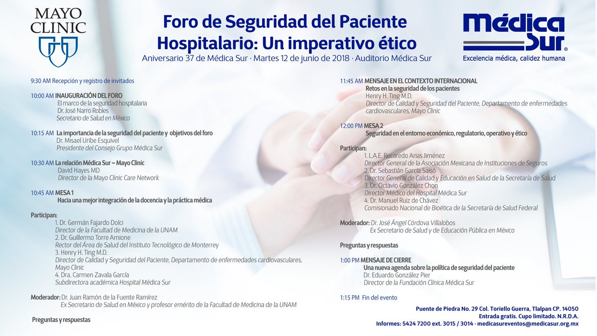 Asiste al #ForodeSalud del #PacienteHospitalario: un imperativo ético, donde importantes personajes del mundo de la salud presentarán temas de interés. Inscripciones: bit.ly/2IYvdmH @MayoCareNetwork @UNAM_MX @SSalud_DGCES @escmed_tecdemty @DavidHayesMD @JoseNarroR