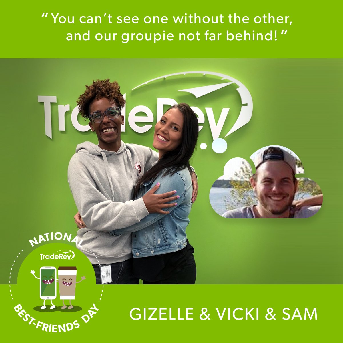 TradeRevTweets's tweet photo. We asked TradeRevvers to submit a pic with their work BFF for #NationalBestFriendsDay and wow, it appears we all like each other a lot! These bright smiles made our day.💚💚💚 #TradeRevLife https://t.co/lGjXdd6GQV