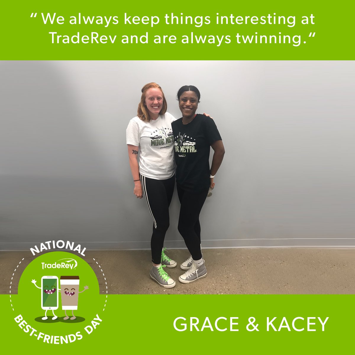 TradeRevTweets's tweet photo. We asked TradeRevvers to submit a pic with their work BFF for #NationalBestFriendsDay and wow, it appears we all like each other a lot! These bright smiles made our day.💚💚💚 #TradeRevLife https://t.co/lGjXdd6GQV