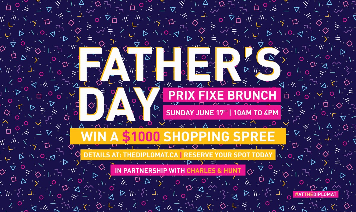 Join us for Father's Day brunch and win a $1000 shopping spree with <a href="/CharlesAndHunt/">Charles & Hunt</a>! All you need to do is make a reservation and you are entered - it's that simple! Make your reservation today #HamOnt! 

Learn more / reserve your spot at: thediplomat.ca🦒 #AtTheDiplomat