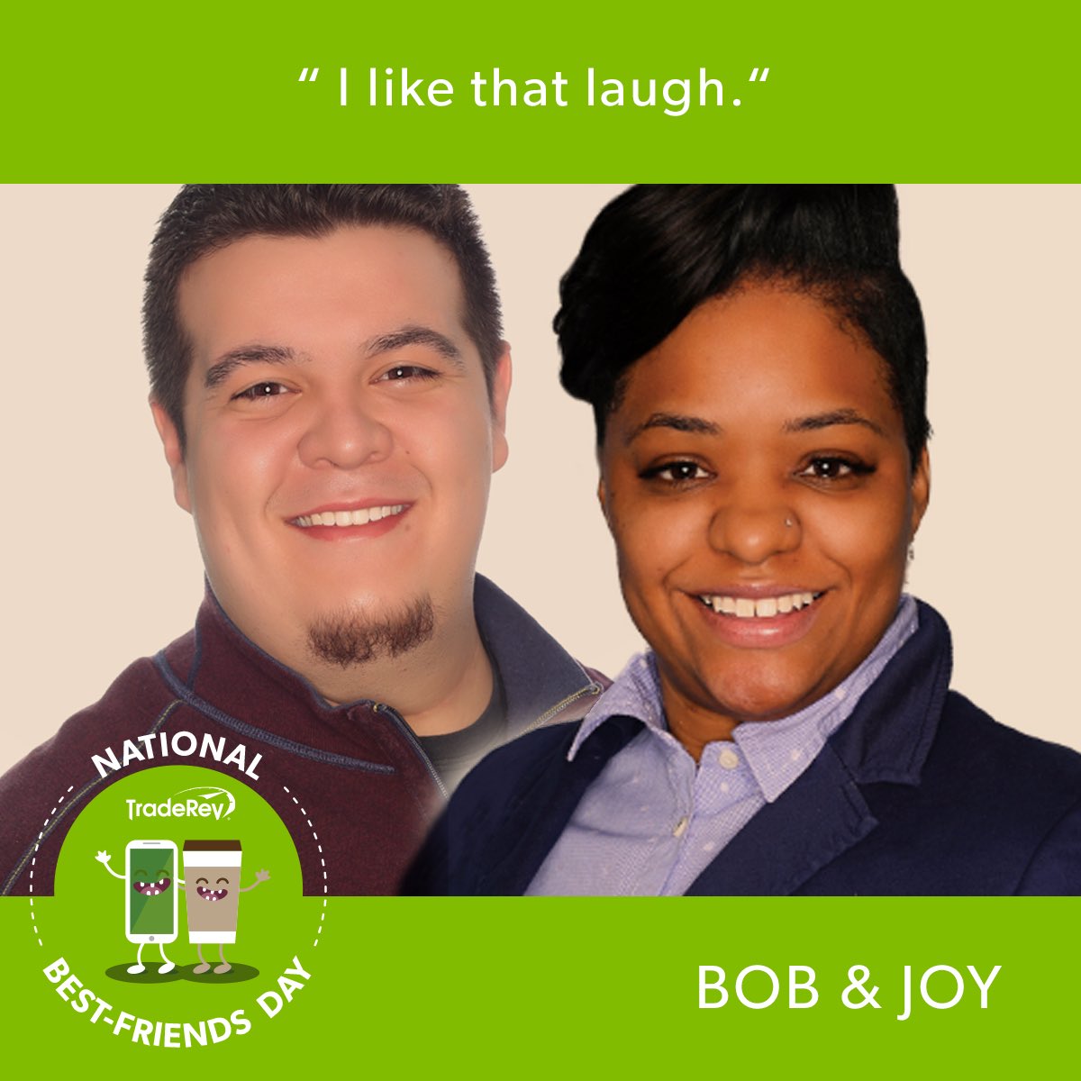 TradeRevTweets's tweet photo. We asked TradeRevvers to submit a pic with their work #BFF for #NationalBestFriendsDay and wow, it appears we all like each other a lot! These bright smiles made our day. 💚💚💚 #TradeRevLife https://t.co/570JhLRY2g