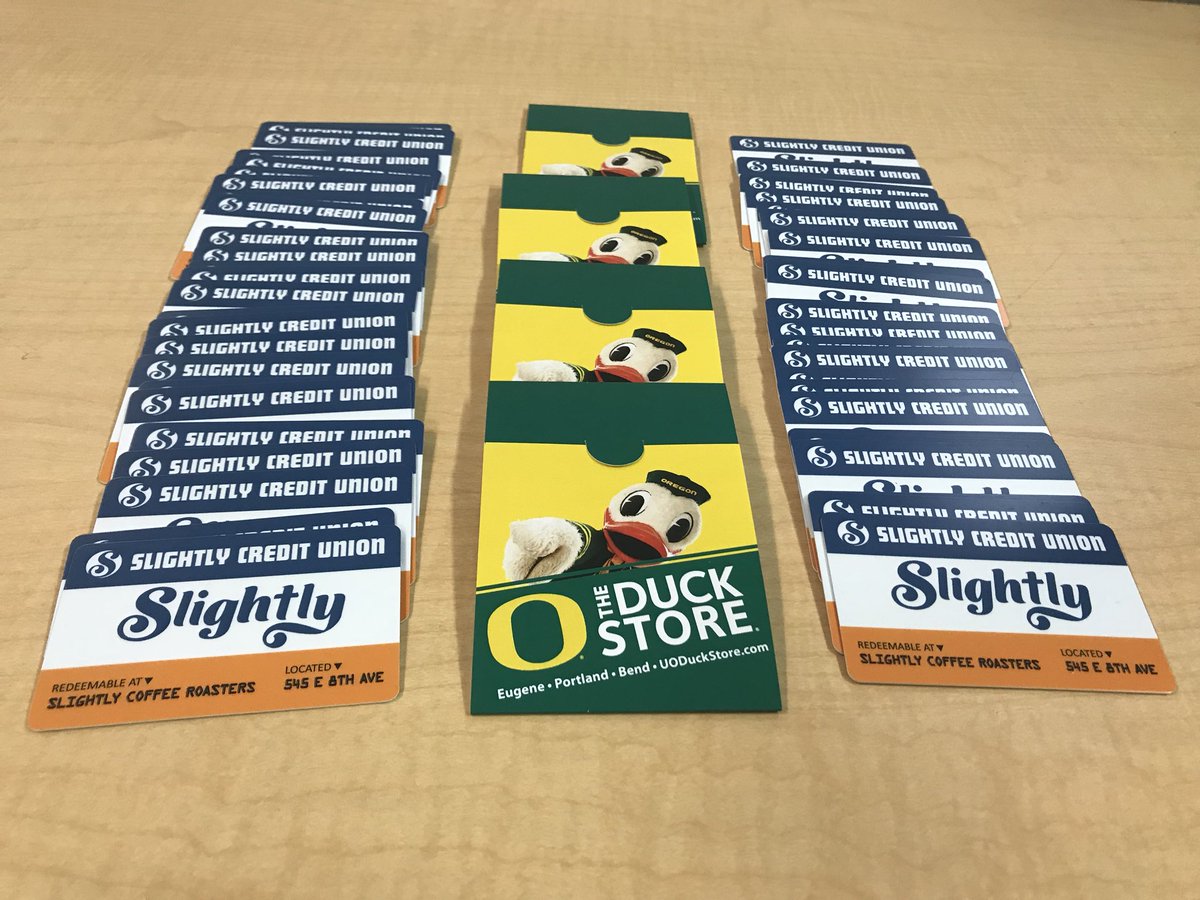 MyOCCU's tweet photo. We’re gearing up for @EugeneYPSummit next week! Come see our table on the day of the event to see how you can win some of these awesome gift cards, courtesy of @SlightlyCoffee and @TheDuckStore! https://t.co/wHDj3q6Avs