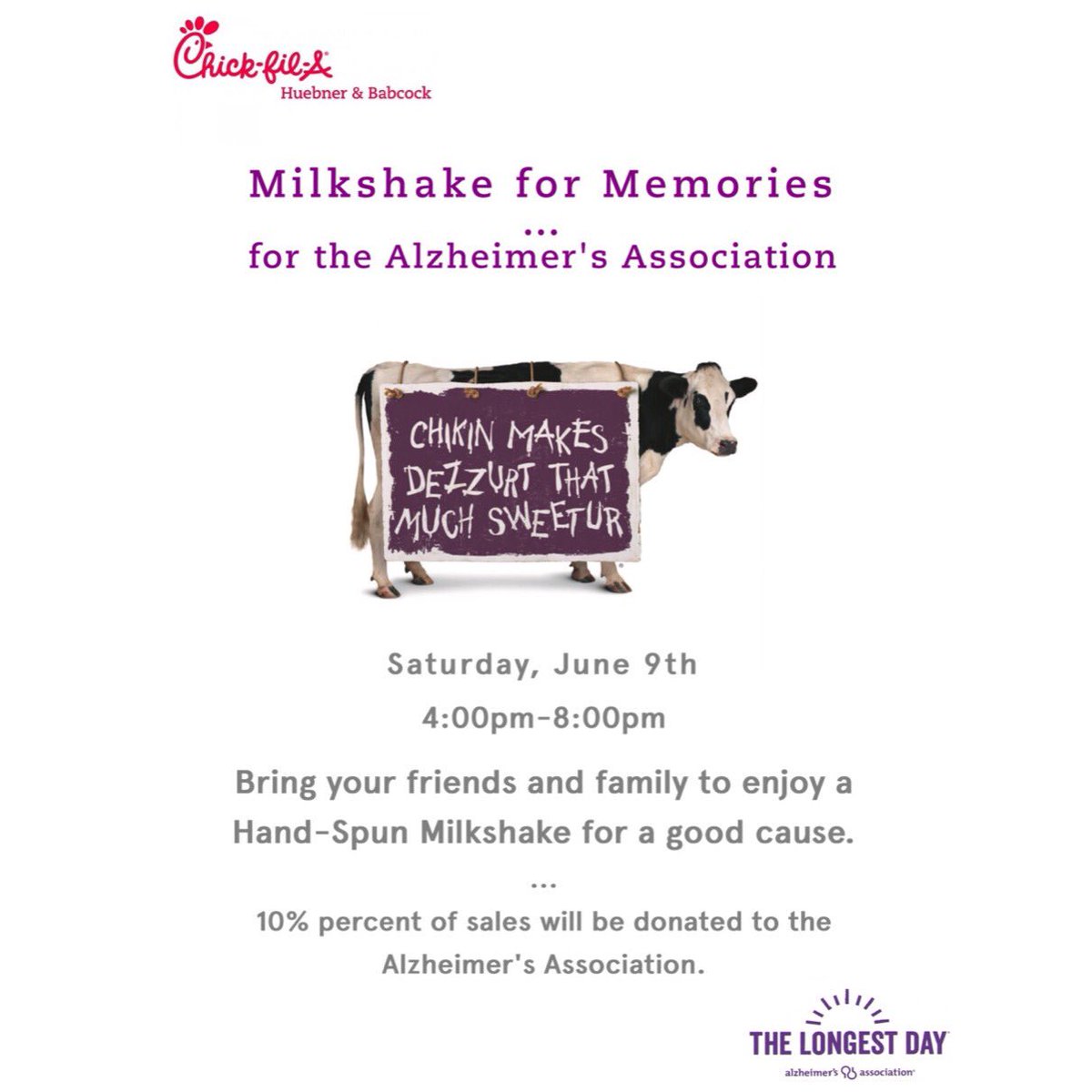 CFAHuebner's tweet photo. Join us this Saturday, June 23rd from 4pm-8pm to help raise funds for a good cause. 💜.
Currently, more than 5 million American are living with Alzheimer’s, right here in San Antonio, thousands of families in our community are facing this progressive disease.
Let’s make a change! https://t.co/9yqaPNwn5A