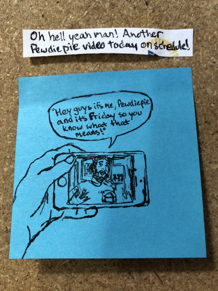 content_carter's tweet photo. From todays Pewdiepie video. I watch him like all the time for like 6 years now. Damn. #pewdiepie #fridaywithpewdiepie #broarmy #lwiay #youtube #video #stickeynotes #sharpie #art #comic #memes #funny #funnymemes #contentcarter https://t.co/CmDJt5aPhb