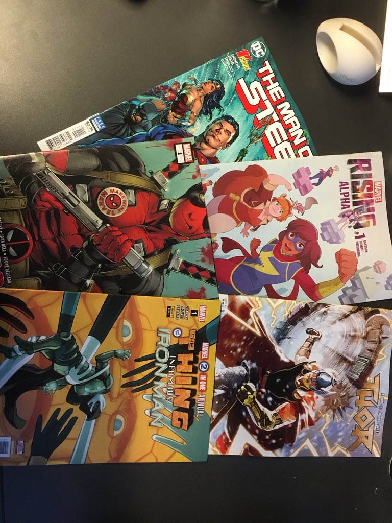 TomBrevoort's tweet image. What’s in the #MarvelBundle this week? Marvel Rising Alpha kicks things off, Thor #1 has many hammers, Deadpool Assassin #1has fatalities I expect, and the M2IO Annual #1 is key for FF fans. Plus Man of Steel #1 from our satellite office.