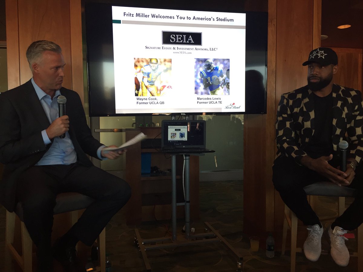 RaiderRod's tweet photo. Last night, great SEIA #RoseBowl Event, hosted by Fritz Miller. Here listening to guest speakers Wayne Cook, former UCLA QB &amp; Mercedes Lewis, #ucla football star &amp; 12 year NFL Player. Buffet by #wolfgangpuckcatering Tour of the 1922 Locker Room. #rosebowlstadium #gobruins https://t.co/qmtC5jLbr3