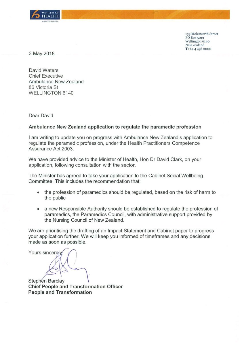 ParamedicsNZ's tweet photo. Last month, New Zealand Minister of Health, Hon Dr David Clark agreed to submit a recommendation that the profession of paramedics in New Zealand should be regulated, and that a new Responsible Authority should be established to regulate the profession #ParaRegNZ https://t.co/NVcAeVlvz1