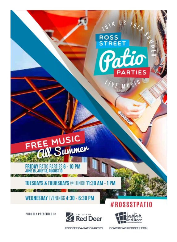 HotelsRedDeer's tweet photo. Almost time for a patio party @DowntownRedDeer. Next one is June 15th. #RossStPatio https://t.co/kdRH3KGfGX