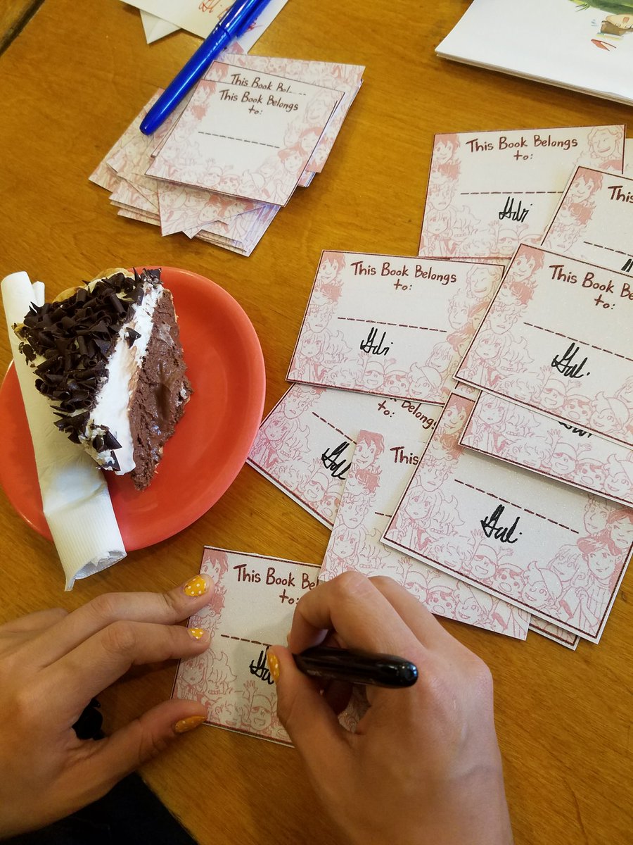 CowHousePress's tweet photo. Bookplate rewards are in! Had a big signing session with Gabi @hobbleshmobble this afternoon. Can't wait for y'all to see how GLITTERY it is in person! (p.s. It's available as an add-on if you didn't get it during the Kickstarter.) #LemonadeSummer https://t.co/yCOg1EACdO