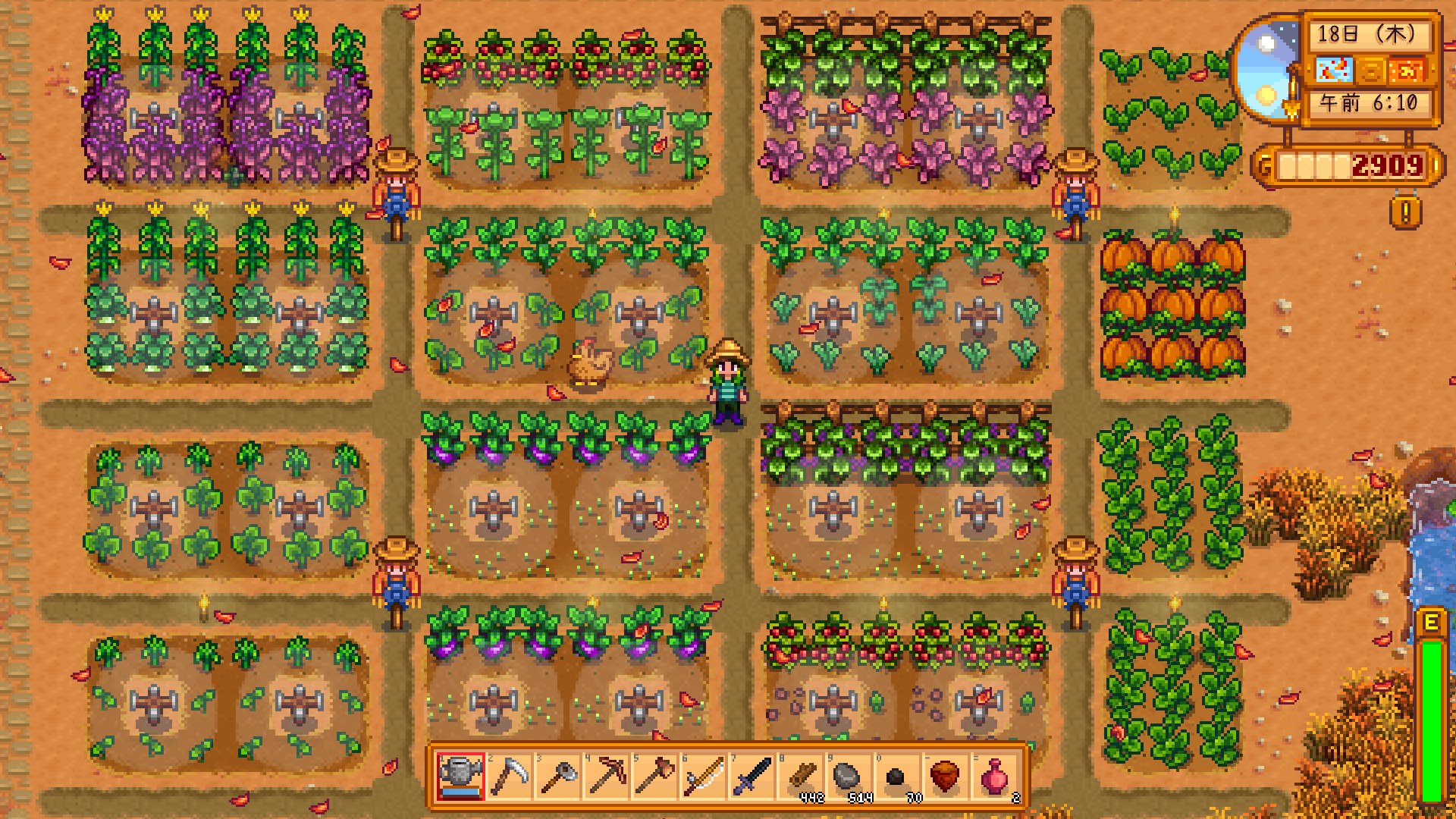 ムャー姉 Stardewvalley 秋28日 秋の最終日 計画通りだいたいの作物を収穫完了 前日の売上で手元にg残ったので特大バックパック購入 そしてちょうどよく1年目で農業レベル10になったので農業者を取得しました T Co Rcjoazb2to Twitter