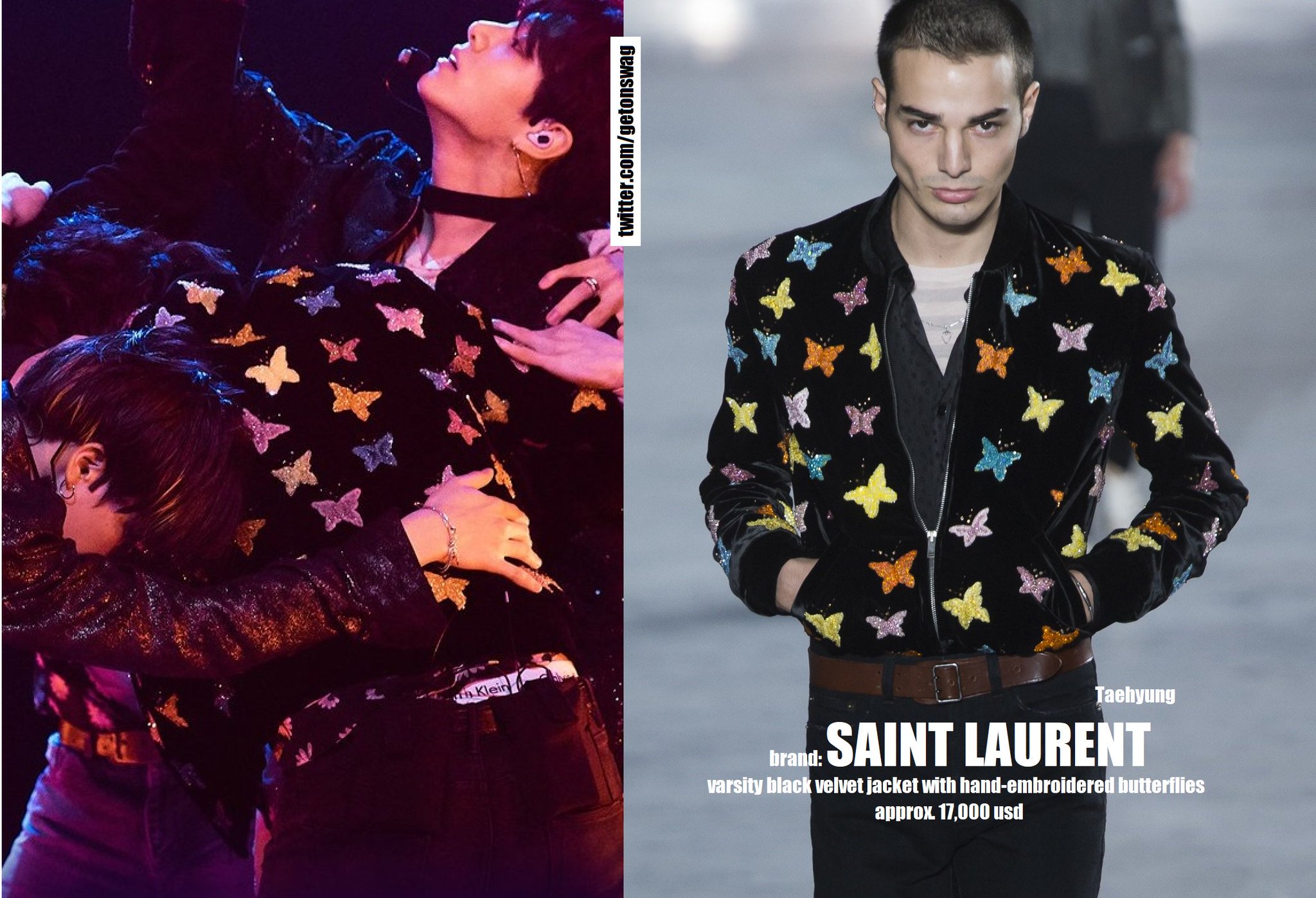 Beyond The Style Alex on X SAINT LAURENT varsity black velvet jacket with hand embroidered butterflies approx. 17 000 usd TAEHYUNG BTS 180612 The Late Late Show with James Corden TAEHYUNG
