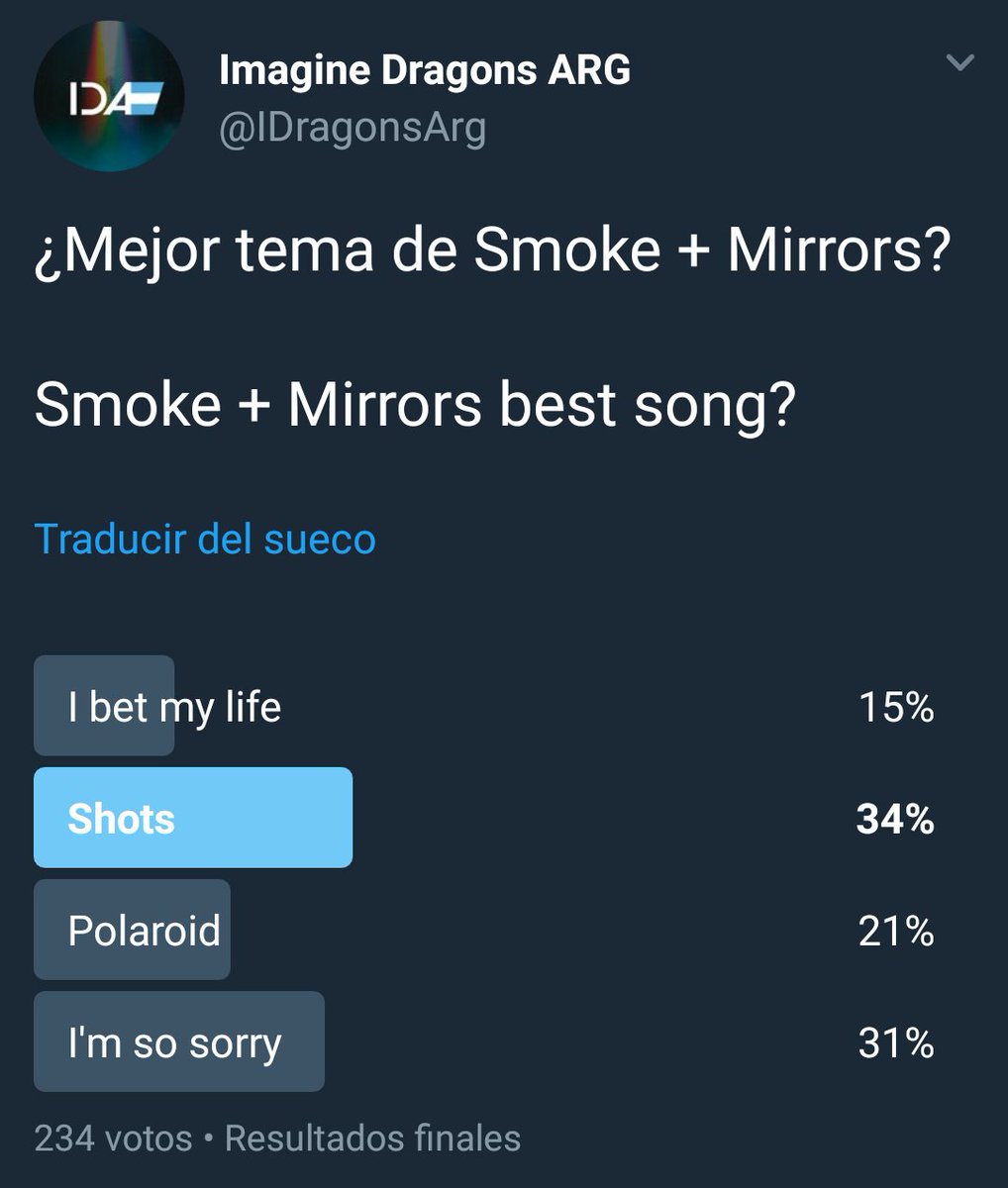 Resultados de la segunda encuesta, la opción que más votos recibió como mejor tema de Smoke + Mirrors fue Shots. ¿Qué opinan?