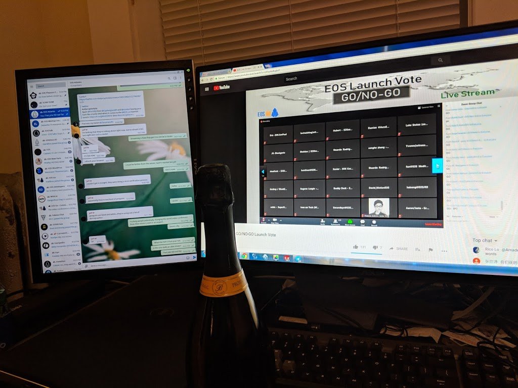 My view for the historic <a href="/EOS_io/">Block.one</a> launch vote, better believe the champagne is open now!  Well done everyone, this is just the beginning!!!!! #eos $eos