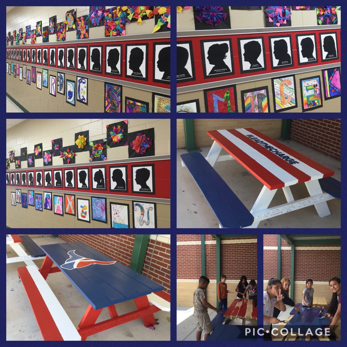 The inaugural 5th grade graduating class left their “mark” <a href="/NISDKallison/">Kallison Elementary</a> by painting these benches &amp; signing off. Grateful for parents that helped hang up art. TY <a href="/AnnetteBraun3/">Annette Braun</a> with the silhouettes.TY <a href="/carrielewis10/">Carrie Lewis</a> &amp; @raven_moreno6  for helping with the benches.  <a href="/NISD_FineArts/">Northside Fine Arts</a>