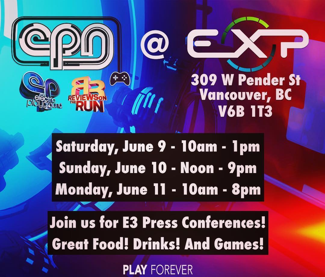 EXP Restaurant + Bar (@expbar) on Twitter photo We are OPEN EARLY all weekend for E3 and <a href="/Victor_Lucas/">Victor Lucas</a> of <a href="/epdailytv/">Electric Playground</a> will be broadcasting live from #expbar!
Watch the press conferences on the screens while enjoying great food, drinks, and video games!
--Hours--
Saturday: 10AM - 1AM
Sunday: 12PM - 11PM
Monday: 10AM - 11PM We are OPEN EARLY all weekend for E3 and <a href="/Victor_Lucas/">Victor Lucas</a> of <a href="/epdailytv/">Electric Playground</a> will be broadcasting live from #expbar!
Watch the press conferences on the screens while enjoying great food, drinks, and video games!
--Hours--
Saturday: 10AM - 1AM
Sunday: 12PM - 11PM
Monday: 10AM - 11PM