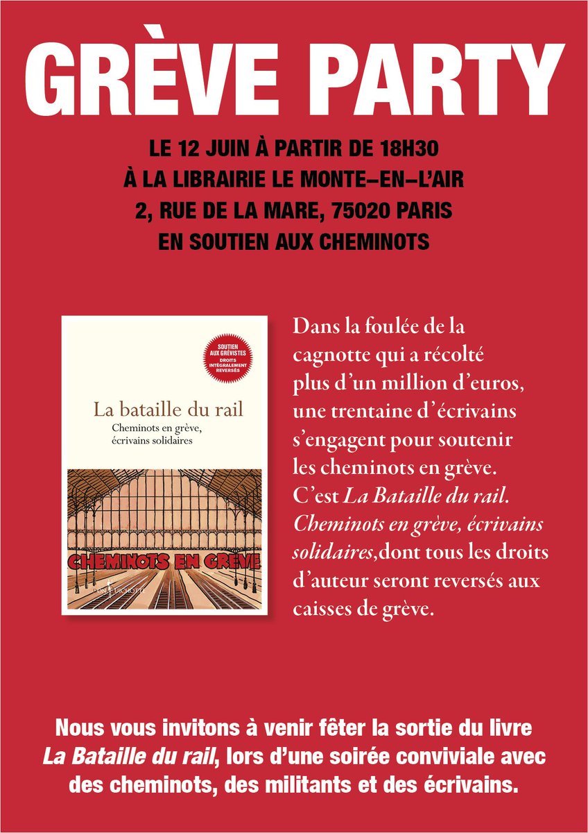 LafonLola's tweet photo. #labatailledurail est en librairie et on fêtera ça mardi 12 juin au #MonteEnLair à partir de 18h30, venez! @DonQuichotteEd @ActesSud #greveSNCF https://t.co/2UuBtjVvGc