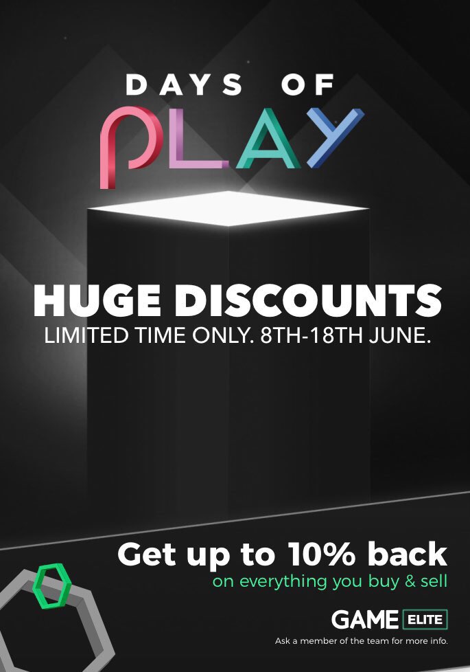 TabbyLoaf's tweet photo. Grab your console your subs and your games in the amazing #SonyDaysOfPlay in store right now 

All of our deals are even.. #CheaperWhenYouTradeInAtGame plus earn extra reward points with #GAMEElite why not bring in all your old games ahead of #E3 #E3AtGame https://t.co/EOSYpnvgEE