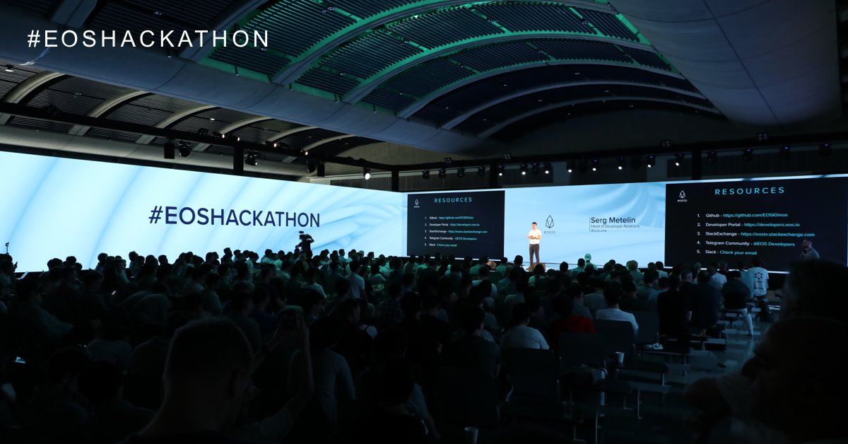 EOSIO's tweet photo. The #EOSHackathon challenge: create a dAPP on the #EOSIO platform with the potential for massive user adoption. Teams have just 26 hours before they must submit their 3-minute pitch for their chance to win the grand prize. More info: https://t.co/c6vAGher6D https://t.co/HW5zziBAST