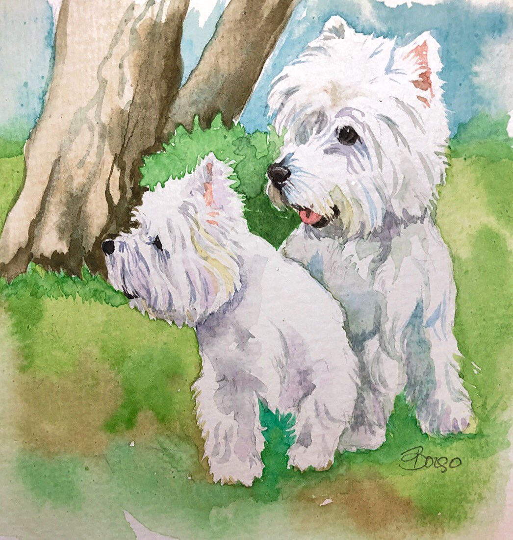 thewestiegang's tweet photo. #30x30directwatercolor2018 The kids take a breather after a romp in the yard. Day 8 https://t.co/pkDWBgEUrw