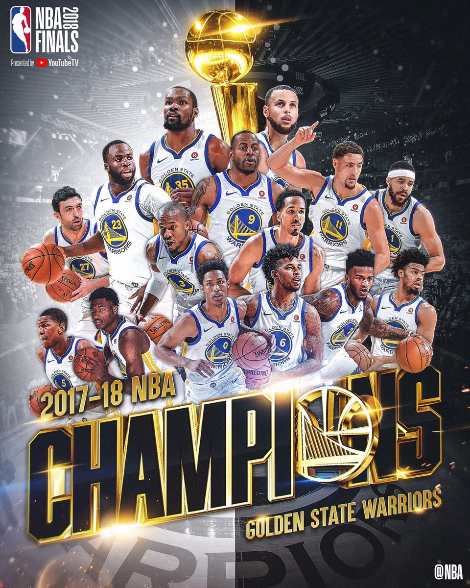 in_nba's tweet photo. NBA史上初の4年連続同カードファイナルの激闘を制し、ゴールデンステイト・ウォリアーズが悲願の初連覇を達成！

ステファン・カリーが37得点。KDが20得点・12リバウンド・10アシストでキャリア初のプレーオフでトリプルダブルを記録。

史上最強のMVPデュオがチームを連覇に導きました。 #DubNation https://t.co/Cw4ZAnBIFa