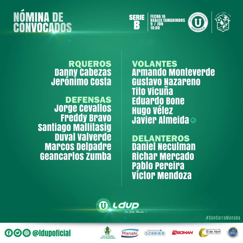 LigaPortoviejo's tweet photo. ¡A la carga, verdiblanco...! 🇳🇬
Convocados para recibir a @MantaFutbolClub. 
¡Alentaremos de corazón! 👏

#LDUP💚 #LDUPvsMFC https://t.co/ZHnlAwHsdN