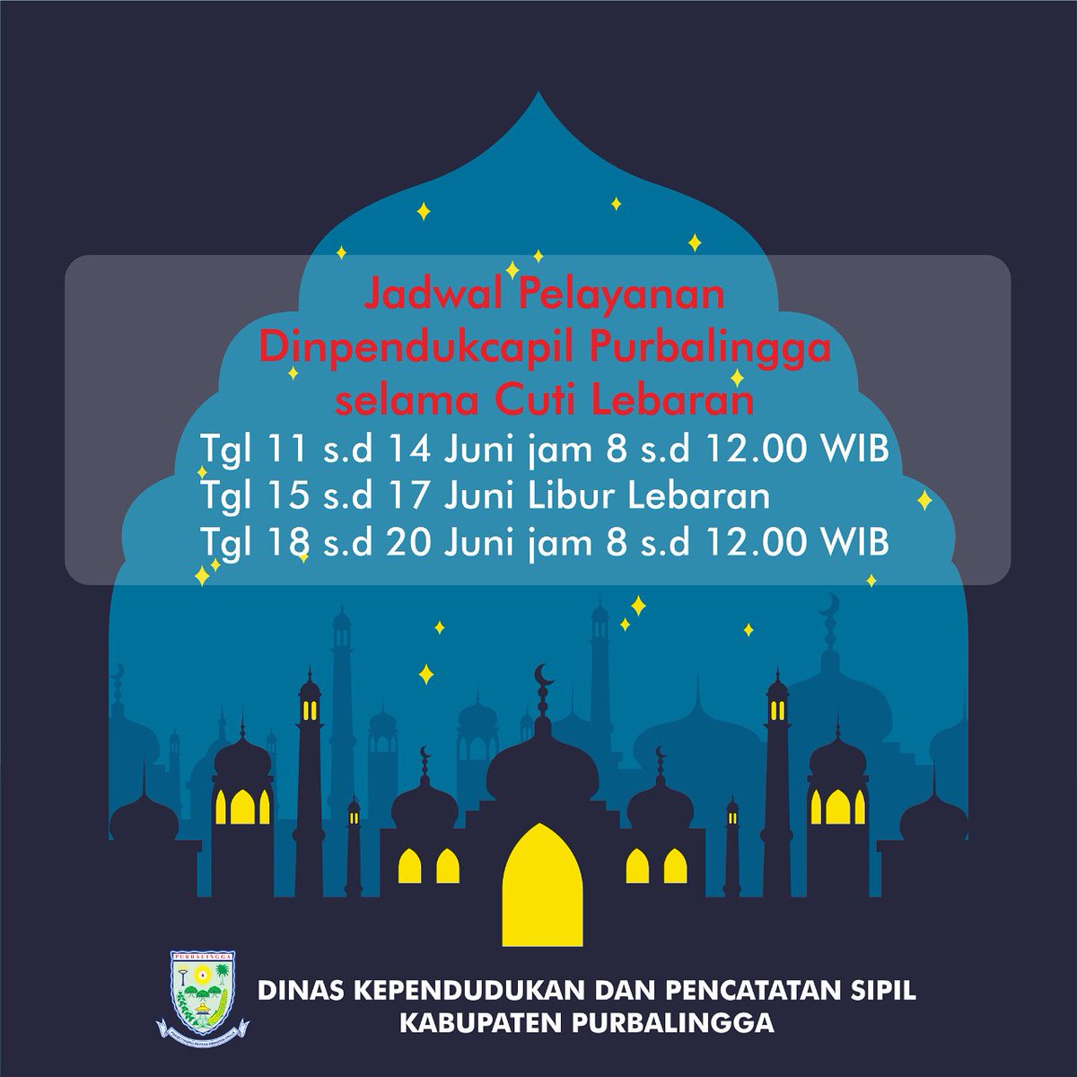 DindukcapilPbg's tweet photo. Jadwal Pelayanan Selama Cuti Lebaran 😊 https://t.co/q8XlaK2yts