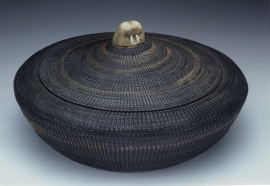 baleen basket by joshua sakeagak (Iñupiat) — made from a substance in whale's mouths, that's apparently not unlike plastic