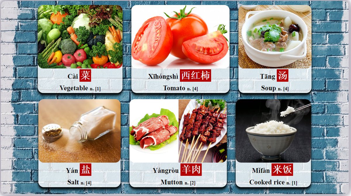 Daily_Zhongwen's tweet photo. #Flashcard: #Chinese_Nouns No.11 [HSK level 1,2,4]
Cài-菜-Vegetable, Xīhóngshì-西红柿-Tomato, Tāng-汤-Soup, Yán-盐-Salt, Yángròu-羊肉-Mutton, Mǐfàn-米饭-Cooked rice.
#learn_Chinese #learn_mandarin #学中文 #学汉语 #Chinese_language #Chinese_vocabulary #HSK https://t.co/bVpTR555x0
